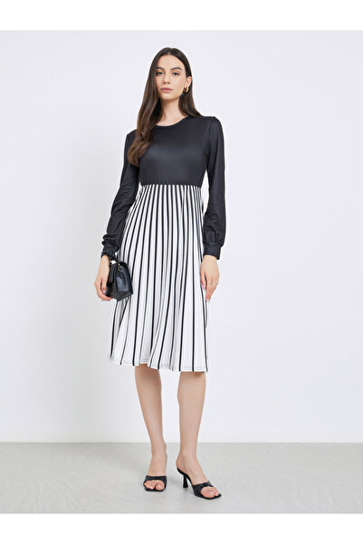 Take Two By Styli Contrast Long Sleeve Striped Midi Dress