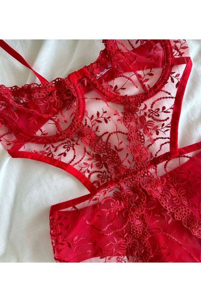 HAMA LOVE Women's Red Lace Bodysuit Lingerie Set