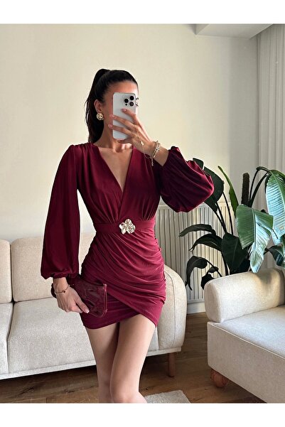 Zoom Butik Kruvaze Önü Tokalı Elbise - BORDO