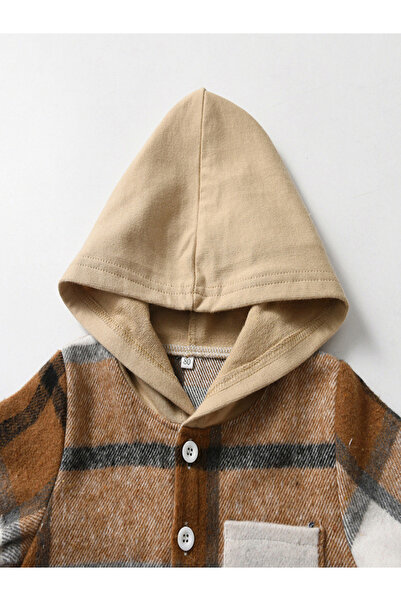 Take Two By Styli Boys Brown Checked Hooded Shirt and Jogger Set