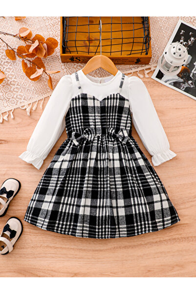 Take Two By Styli Girls Plaid Dress with Bow Detail