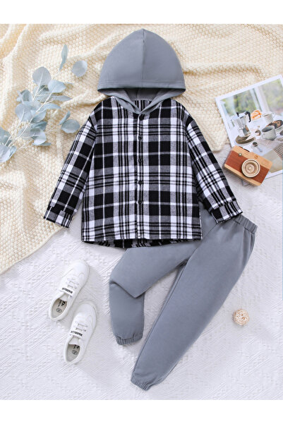 Take Two By Styli Boys Grey Checkered Shirt and Joggers Set