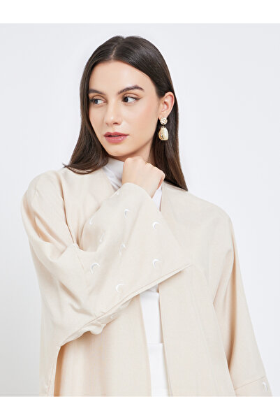 Take Two By Styli Cream Open Front Embroidered Sleeve Abaya