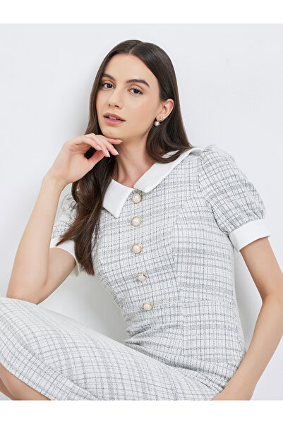 Take Two By Styli Checked Puff Sleeve Bodycon Midi Dress