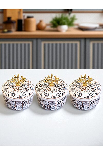 ferayhome Kitchen Accessory 3-Piece Breakfast Storage Container Spice Rack Sugar Bowl Ceramic Pattern Gold