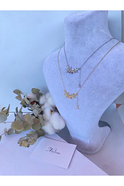 Tasarım Minimal 14K Gold Plated Necklace with Triple Flowers in Gold-Silver Color Options