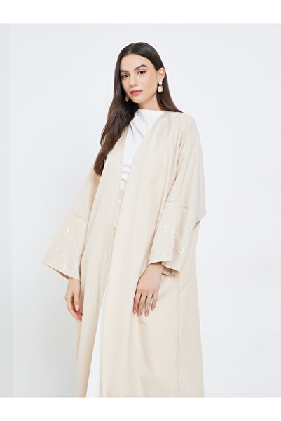 Take Two By Styli Cream Open Front Embroidered Sleeve Abaya