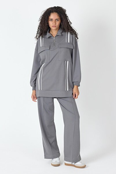 Basicpark سترة نسائية مدخنة مع فتحة وسحاب للإغلاق وتفاصيل جيب وبنطلون واسع الساق مضلع من القطن