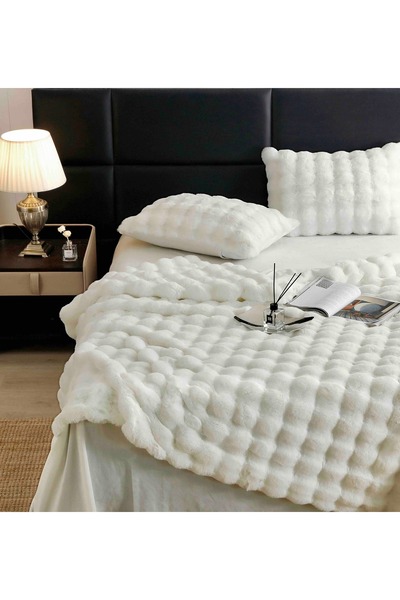 JOJO HOME Double Bed Linen, Extra Fluffy, Faux Rabbit Fur, 6 Pieces, Cream