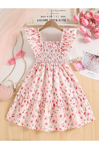 Take Two By Styli Girls Pink Floral Print Ruffled Sleeve Dress
