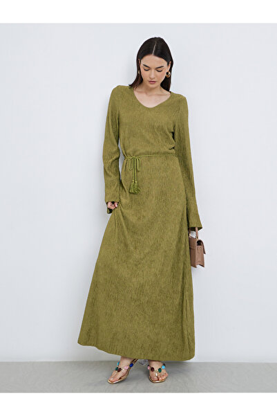 Take Two By Styli Olive Green Maxi Dress with Long Sleeves
