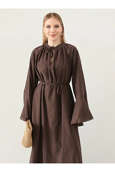 MRS. POLEEN Spanish Sleeve Neckline and Waist Tie Hijab Dress - Brown - Mrs Poleen