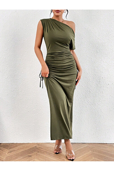 Take Two By Styli Solid Ruched Detail One Shoulder Maxi Dress