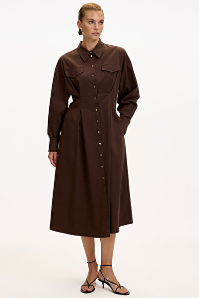 Exquise Shirt Collar Long Sleeve Pocket Regular Button Midi Dress