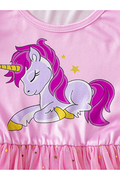 Take Two By Styli Girl Pink Graphic Print Tulle Mesh Dress