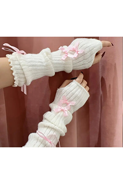La Saade Y2k coquette beige color pink ribbon pinterest arm warmer sleeve gloves