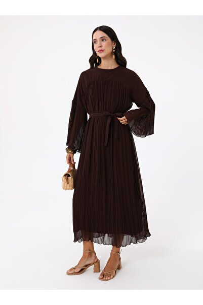 MRS. POLEEN Pleated Chiffon Hijab Dress - Brown - Mrs Poleen