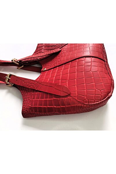aysefe Red Genuine Leather Handmade Women's Shoulder Bag with Organizer