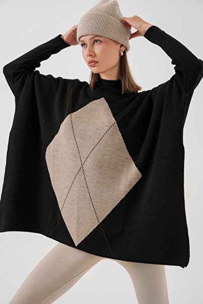 Bigdart 15783 Slit Poncho Sweater - Black