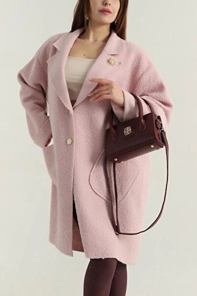 VıoShıne Kadın Broş Detaylı Buklet Kaşe Kaban