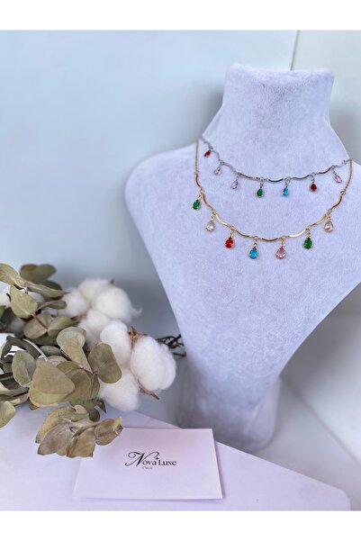 Tasarım Gold-Silver Colored Stone Cluster Necklace