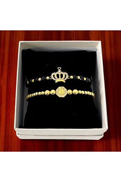 velve Σετ δύο unisex βραχιόλια με λαμπερά στολίδια, με μπάλες από ανοξείδωτο ατσάλι και κρύσταλλα ζιργκόν, σε συσκευασία δώρου, Βραχιόλια