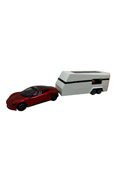 JPT Macheta metal Tesla Roadster rosie cu rulota si figurina, scara 1:24, lum...