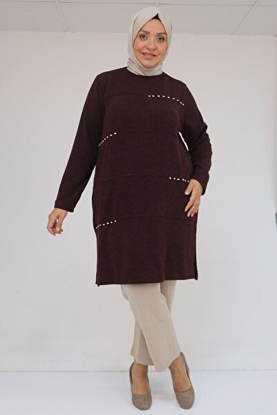 Eslina 58113 Μεγάλο μέγεθος Dikme Πέτρινο Λεπτομερές Στριγμένο Μιρ Τουνίκ - Μελιτζάνα