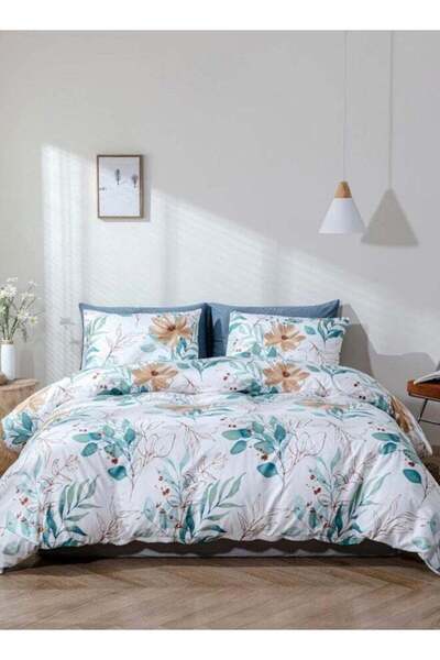 LUNA HOME Bedding Set Without Filling Green Leaves Design In White