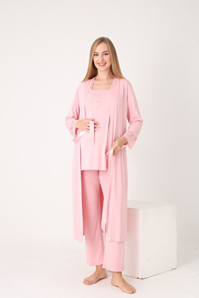 Miss Dünya Lissa Dantel Detaylı Zarif Sabahlık, Gecelik ve Pijama 4’lü Emzirme ve Anne Seti