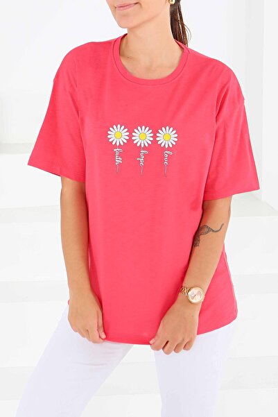 TOFİSA Μπλουζάκι με στάμπα και κοντά μανίκια φούξια - 27578