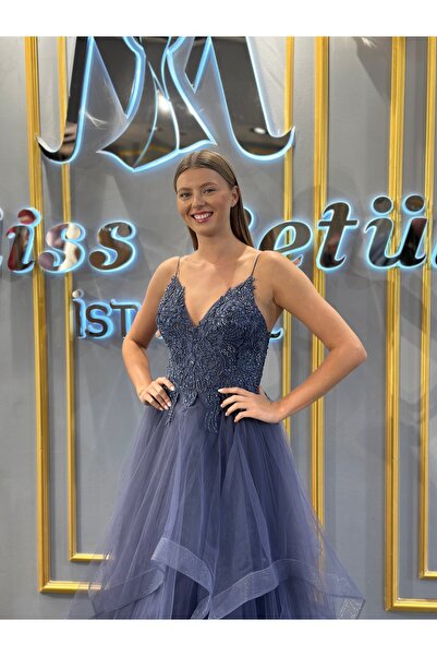 MissBetül İnce Askılı Üstü İşlemeli Tül Etek Abiye Nişan Elbisesi