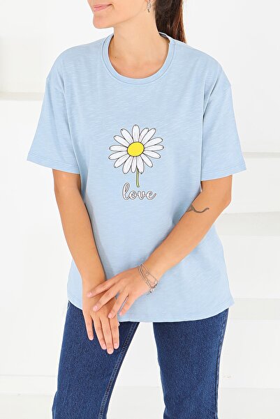 TOFİSA Μπλουζάκι με στάμπα και κοντά μανίκια Baby Blue - 27577