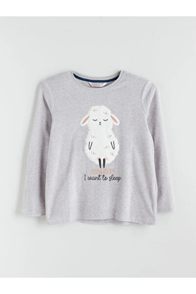 LC Waikiki Σετ γυναικεία πιτζάμα LCW DREAMGrey με κέντημα με λαιμόκοψη από φλις
