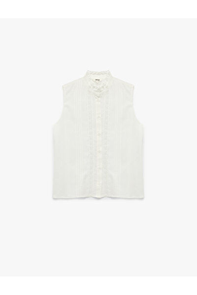 Koton Pamuklu Fırfırlı Hakim Yaka Dantel Detaylı Kolsuz Gömlek