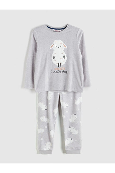 LC Waikiki Σετ γυναικεία πιτζάμα LCW DREAMGrey με κέντημα με λαιμόκοψη από φλις