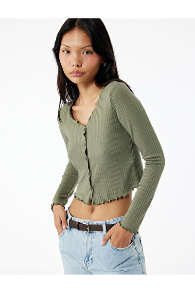 Koton V-Neck Buttoned Ruffled Camisole Viscose Blended Long Sleeve T-Shirt