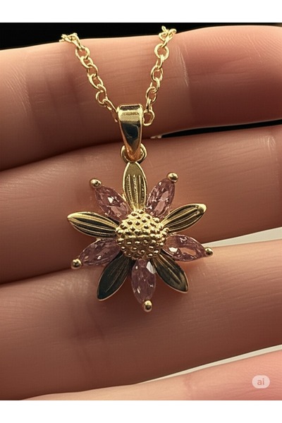 denars jewelry Kadın Altın Renkli Pembe Taşlı Çiçek Kolye – Zarif ve Romantik...