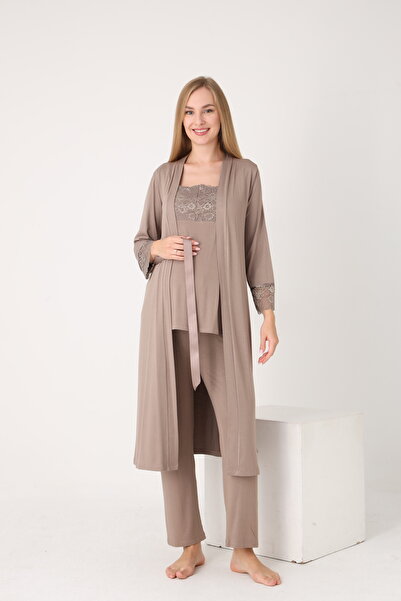 Miss Dünya Lissa Lace-Detailed Elegant Robe, Nightgown, and Pajama 4-Piece Nursing and Maternity Set