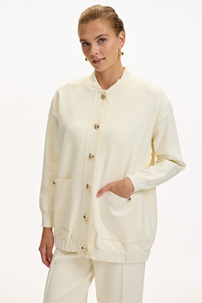 Exquise Bisiket Oversize Tirko Cardigan with Collar Pockets and Gold Buttons