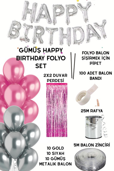 Baloncu Nene Happy Birthday Foil Set Pink Silver Balloon Party Birthday Decoration Set