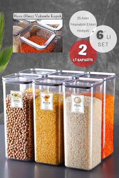 Nandy Home Set of 6 Square Food Storage Container Set with Label and Silicone Seal 2 Lt Transparent