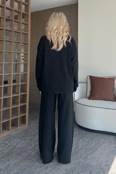 Laluvia Black High Neck Ribbed Knitwear Set - 4671