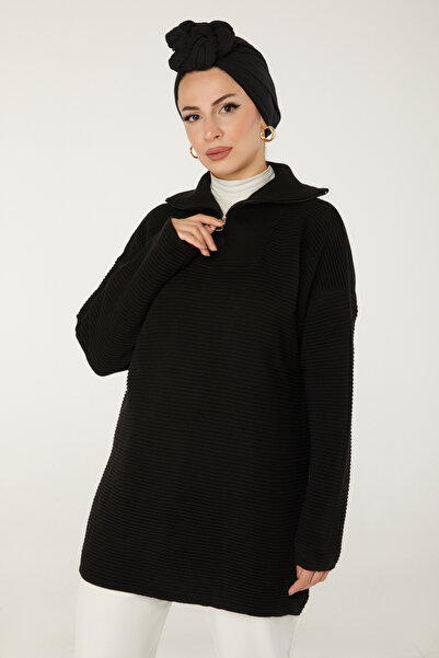 TOFİSA Fitili Fermuarlı Triko Kazak Siyah - 27632