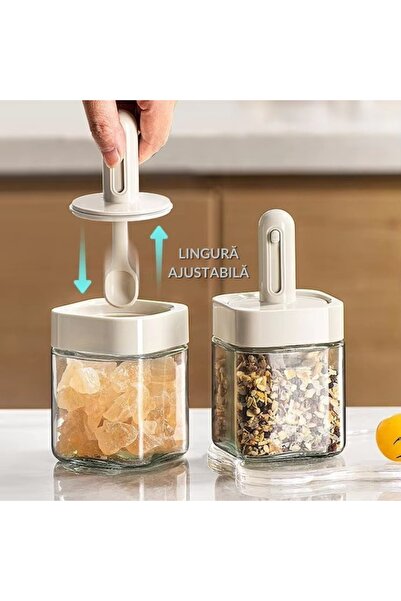 FOXMAG24 Set de 2 recipiente pentru condimente, sticlă, lingură reglabilă, capac etanș, capacitate 250 ml, gri
