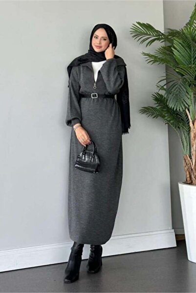 MY QILAM Kadın Triko Uzun Elbise Boğazi Fermuarli Balon Kol Tesettür Elbise Standart Beden (36/44 Arasi)