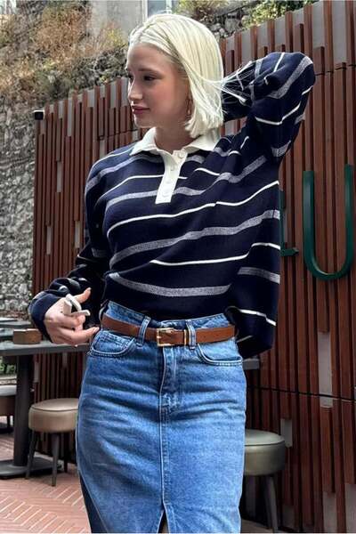 Madmext Navy Blue Striped Polo Neck Women's Sweater Mg2476