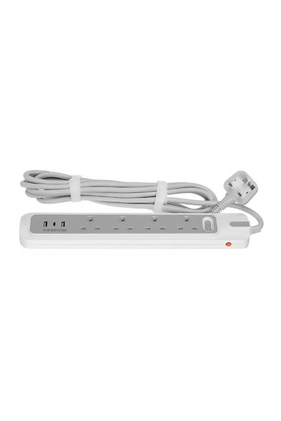 RAFEED Electric, Power Extension, 4 Sockets, 5M, 2 USB-A, 1 USB-C, White/Grey