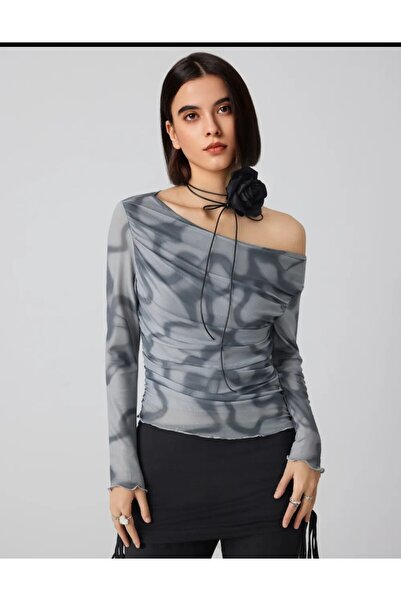 ARDSU بلوزة طويلة الأكمام مكشوفة الكتفين من التول