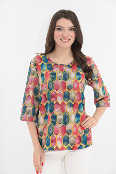 Vanessa Line RO Bluza lejera cu romburi turcoaz si roz imprimate